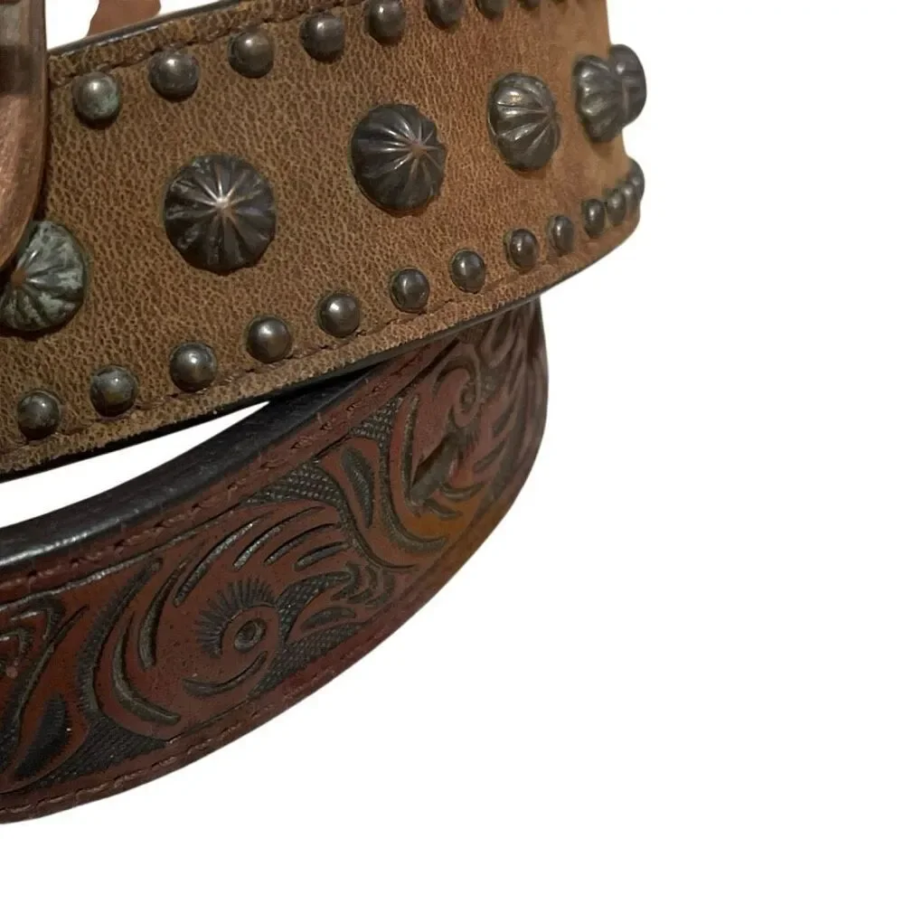 3D Belt Vintage Kids Leather Hand Tooled/Studded Copper Buckle Belt